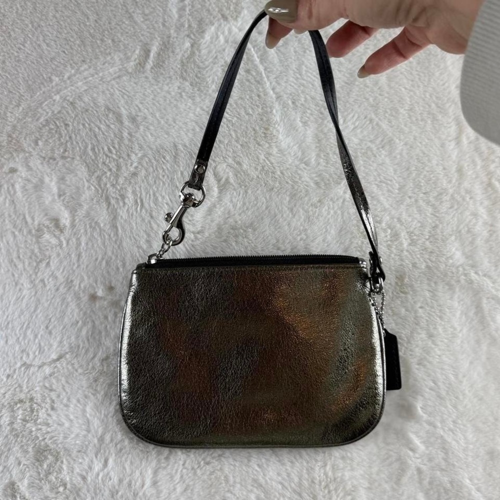 Coach Metallic Shimmer Gold Black Leather Wristlet Mini Bag Small Pouch Zip
